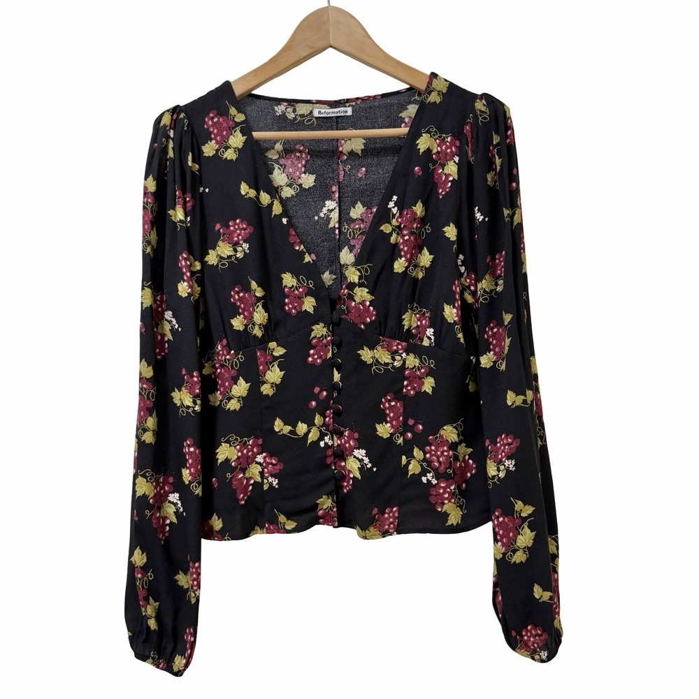 Reformation Womens Nell V Neck Button Up Blouse Size M Black Grape Print Top‎